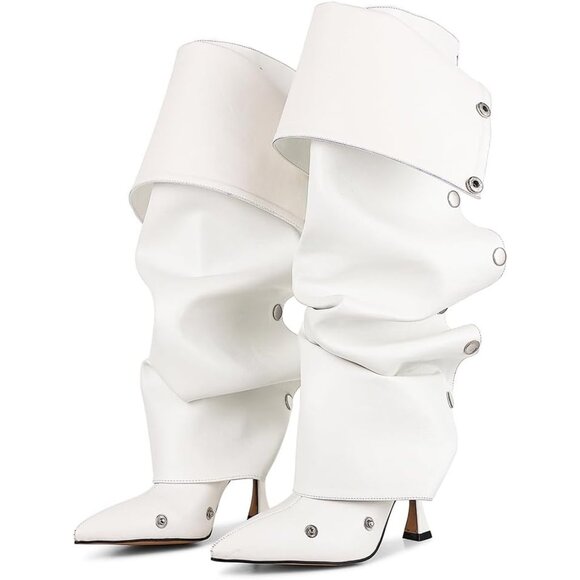 ⚡Women's White Knee High Boots Stiletto Boots Pointed Toe High Heels Wide Calf - Picture 1 of 6